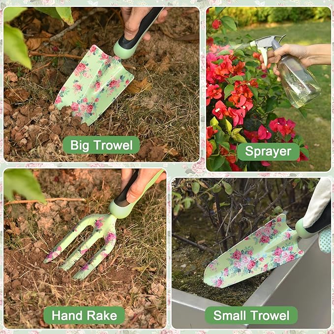 Gardening Tools, WisaKey 10 Piece Heavy Duty Garden Tools Set with Handle, Durable Fashion Garden Organizer Handbag, Ideal Gardening White Elephant Gifts Gift for Woman