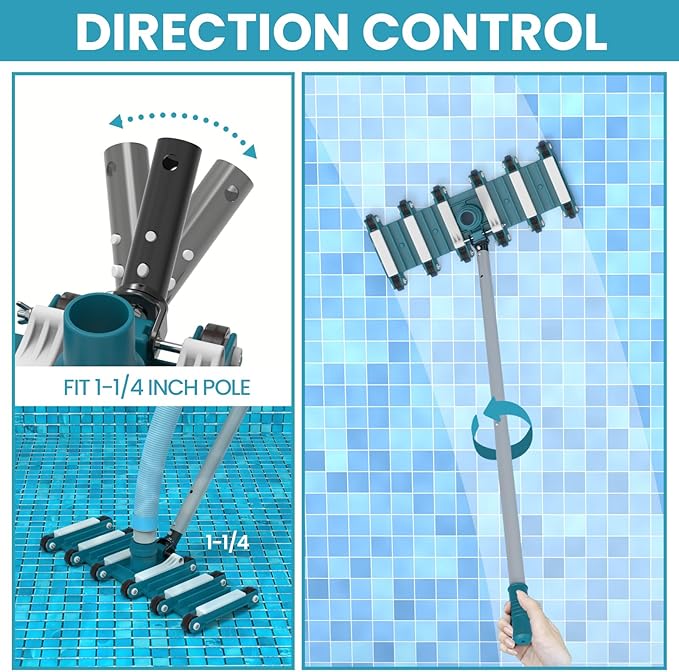 POOLWHALE 19" Heavy Duty Flexible Pool Vacuum Head with Wheels, Extra-Wide, Swivel Direction-Control Aluminum Handle for Swimming Pools - Faster Cleaning, Easier Debris Removal