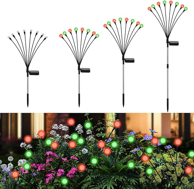 Solar Firefly Lights Outdoor Waterproof; 8 Modes Red and Green Firefly Swaying Solar Garden Lights Stakes for Outside Christmas Holiday Yard Patio Plant Garden Decor 4 Pack(Red & Green)