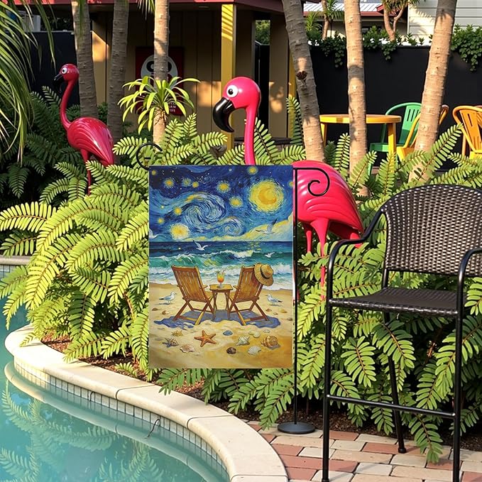Beach Garden Flag Spring Summer Coastal Yard Flags Van Gogh Inspired Starry Night Style Ocean Seaside Chairs House Banner for Outside Lawn Patio Porch Seasonal Home Double Sided 12x18 Inch