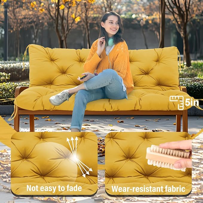 Premium 5"Thick Waterproof Outdoor Swing Cushions Sturdy Durable 2-3 Seat Replacement Porch Swing Cushions with Backrest&Ties Bench Cushion for Outdoor Furniture Backyard Patio(Yellow48x40in)
