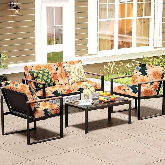 8Pcs Patio Cushion Covers,Outdoor Cushions Covers,Stretch Cushion Covers Replacement, Washable and Reusable Furniture Protectors(Sunflower)