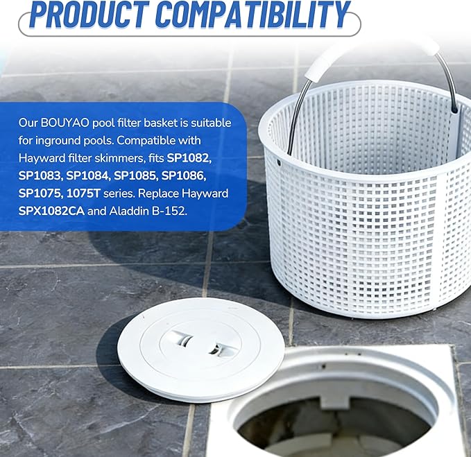 Upgrade Pool Skimmer Basket - Stainless Steel Handle & Rubber Grip | Direct Replacement for Hayward SPX1082CA & Aladdin B-152, Compatible with Hayward SP1082, SP1075 In-Ground Pool Skimmers