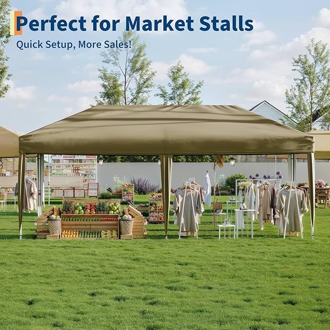 10'X20' Commercial Gazebo Pop-Up Canopy Tent, 5-Minute Setup No Tools Needed, 2 Sidewalls, 8 Stakes & 6 Sandbags, 210D Oxford UV Protection with Roller Bag for Farmers' Market, Wedding, Parties