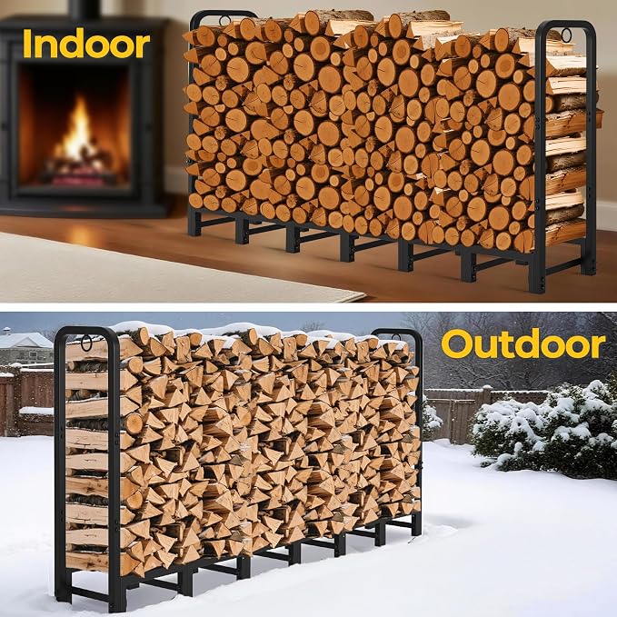 Amagabeli 6ft Firewood Rack Outdoor Heavy Duty Fire Wood Rack Log Holder Organizer Stand for Fireplace Indoor Adjustable Metal Wood Pile Lumber Storage Organizer Stacker for Patio Porch Black