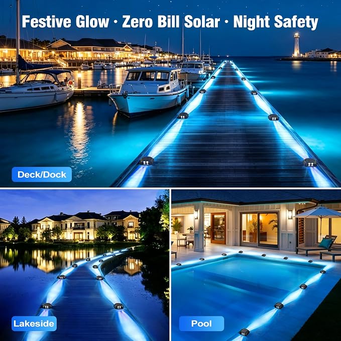 Quntis Solar Dock Lights Blue 12 Pack, 1/3 Mile High-Visibility Marine Markers, 20H Dusk to Dawn, Submersion Resistant Waterproof Deck Lights for Boating, Yacht Pier & Lakefront