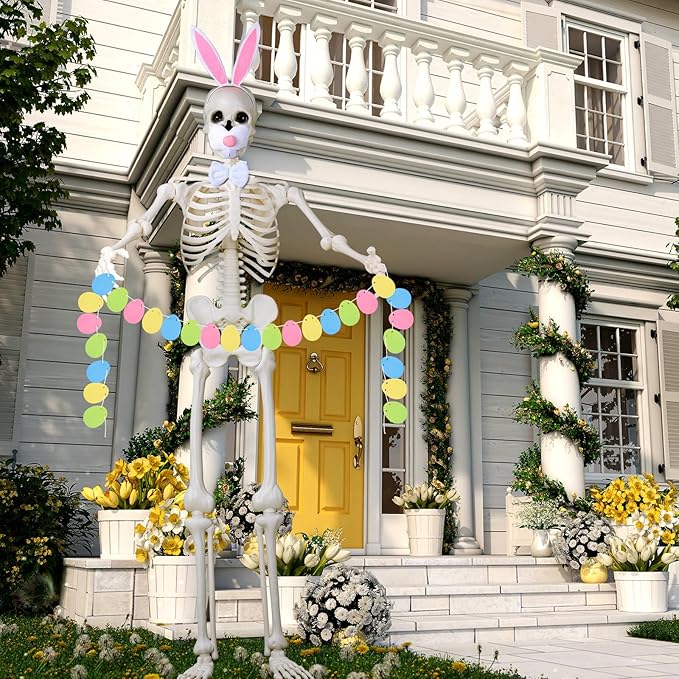 Suzile 4 Pcs 12 ft Skeleton Easter Bunny Accessories Extra Large Easter Headband Bunny Nose Bowtie Decoration Egg Garland for 12 ft Skeleton Outfit Garden Lawn Spring Outdoor Decor