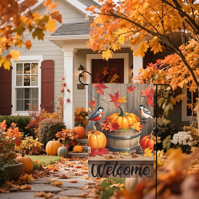 Fall Pumpkin Bird Garden Flag 12x18 Inch Welcome Autumn Watercolor Maple Leaf Harvest Theme Thanksgiving Decorative Yard Flags for Outside Double Sided Outdoor Home Farmhouse Decoration Porch Decor