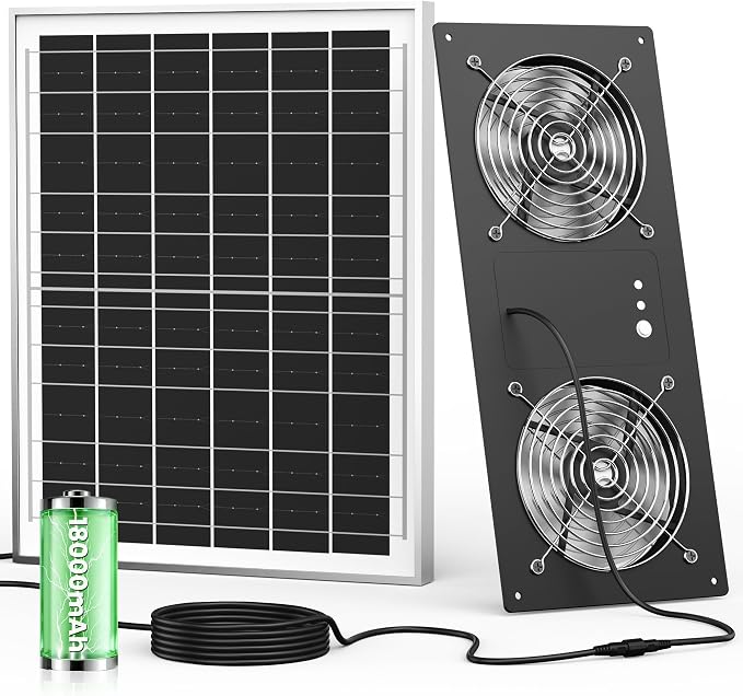 40W Solar Powered Fan with 18000mAh Battery & Timer, Usable At Night | 5" Double-Head Solar Exhaust Fan, Quiet Waterproof High Airflow, for Chicken Coop, Outdoor,Greenhouse,Sheds,Pet Houses