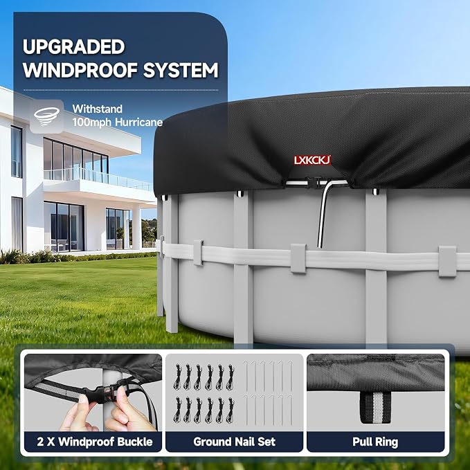 LXKCKJ 24 Ft Pool Cover for Above Ground Pool, Round 420D Solar Oxford Tarp | 100MPH Windproof with 2 Buckles and & Weight Rings, 634N Tear-Resistant, Waterproof 10000PA, UV Protection, Cuts Evaporation
