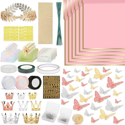 260Pcs Flower Bouquet Wrapping Paper Kit, 60 Sheets Pink Waterproof Paper, 36 Butterflies, 8 Crowns, 1 Headband, 4 Ribbons, 15 Cards, 100 Diamond Pins, 30 Floral Wire, 3 Stickers, 3 Tapes (Pink)