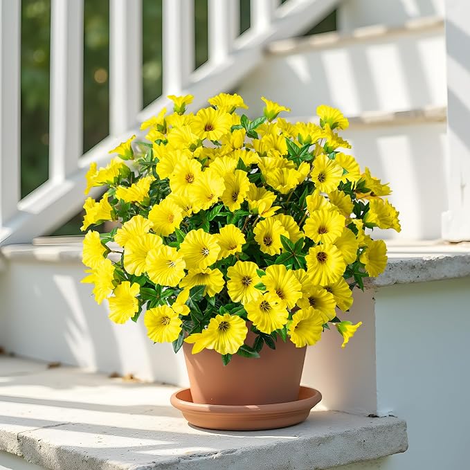 Yellow Artificial Morning Glory Flowers for Outdoor Planters, Premium UV Resistant Silk Faux Flowers for Porch, Hanging Basket & Window Box, Spring Garden Decor, No Pot, 13.3 Inch, 8 Bundles