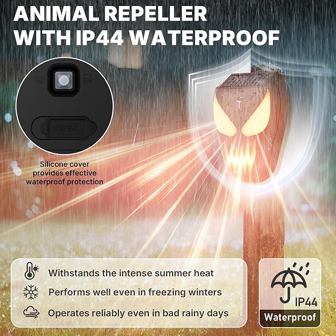 Solar Nocturnal Animal Repeller 1 Pack - Coyote, Raccoon, Fox, Skunk, Deer, Hawk Outdoor Repellent Deterrent - Amber LED & Waterproof Predator Lights for Chicken Coop,Farm,Yard,Garden - Halloween