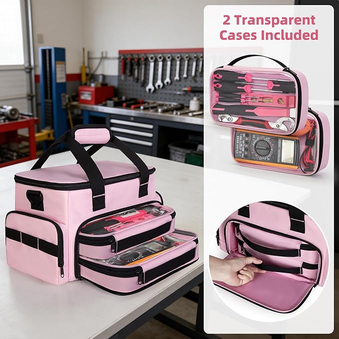 Pink Tool Bag for Women with 2 Clear Pouches, 12-inch Tool Storage Organizer, Double Layer Tool Box for Electrician, Carpenters, Repairman, Pink
