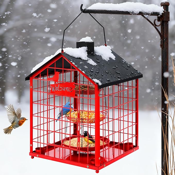 Bird Feeders for Outdoors, Metal Bluebirds Bird Feeder, Huge Caged Squirrel-Proof Bird Feeders with 4 Cups, DIY Wild Bird Feeders Outdoor Hanging, Attract Small Birds, 3 Layer Seed Tray (Red)