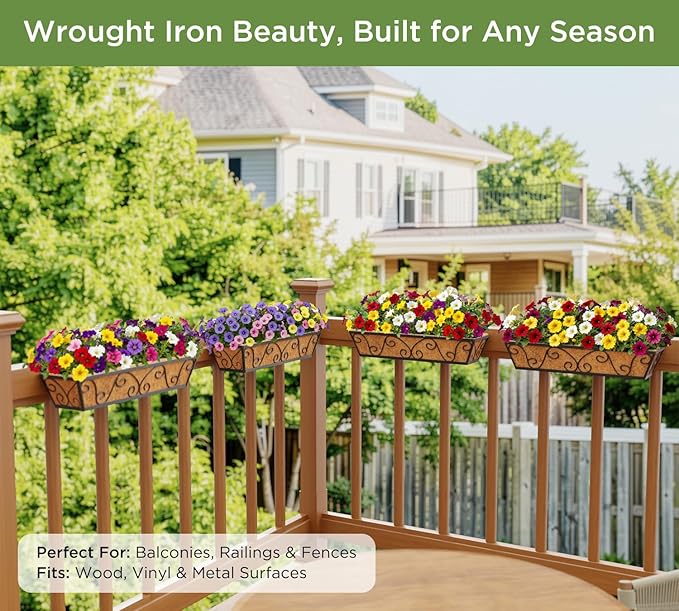HFHOME 24 Inch Railing Planter Box with Coco Liners for Porch, Fence, Patio, Balcony Hanging Flower Railing Baskets with Adjustable Brackets, Outdoor Garden - 4 Packs