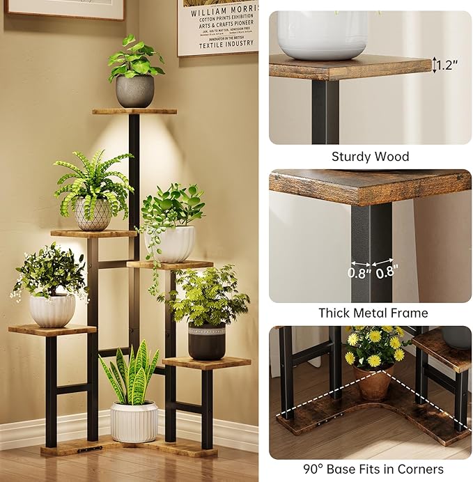 Yzosvki Corner Plant Stand Indoor with Grow Lights Set of 2, 6 Tiered Corner Plant Shelf Flower Stand for Multiple Plants, Plant Shelves Organizer Rack, Round Rustic Brown