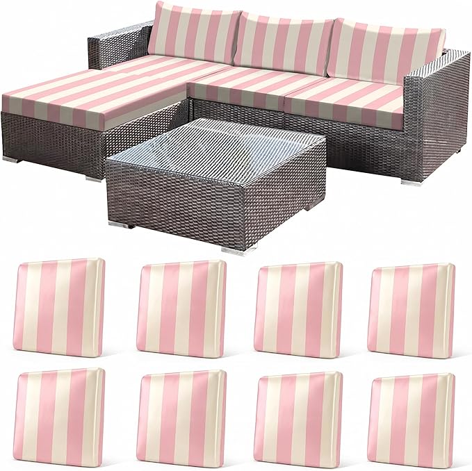 CALBODE 8 Pcs Stretch Outdoor Seat Cushion Covers, Washable Striped Chair Seat Cover for Patio Furniture Cushions Soft Indoor and Outdoor Couch Cover Replacement (Pink&Beige, Cover Only)