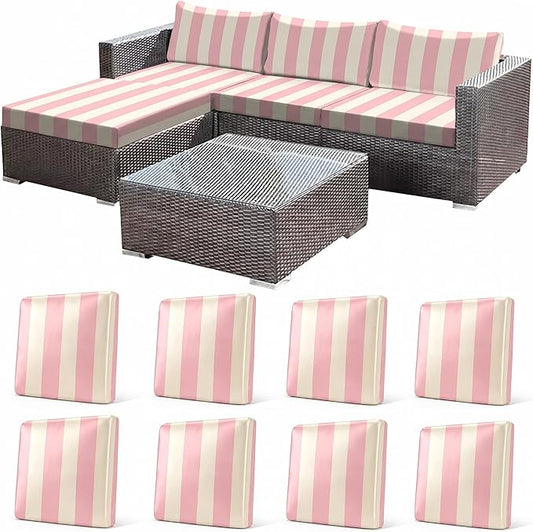 CALBODE 8 Pcs Stretch Outdoor Seat Cushion Covers, Washable Striped Chair Seat Cover for Patio Furniture Cushions Soft Indoor and Outdoor Couch Cover Replacement (Pink&Beige, Cover Only)