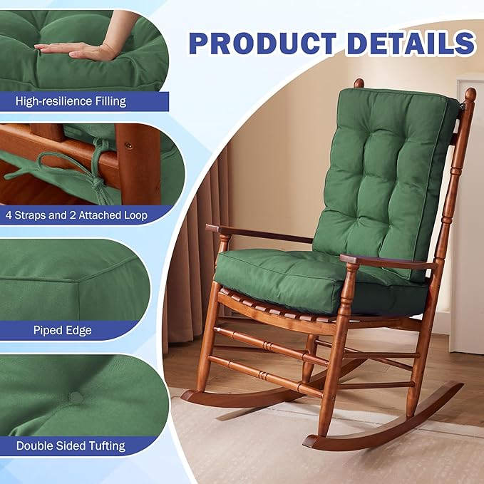 IPYNBAP Rocking Chair Cushion, Waterproof and Fade-Resistant Patio Chair Cushions, Tufted Chair Pads for Rocker Furniture, 17x17 Inch, Indoor/Outdoor Seat Cushions with Ties, Dark Green