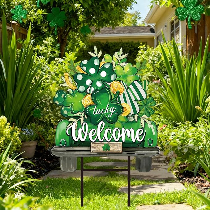 JarThenaAMCS St. Patrick' s Day Metal Garden Stake Welcome Yard Sign Green Shamrock Clover Truck Decorative Lawn Sign for Irish Holiday Home Outside Lawn Porch Walkway Pathway