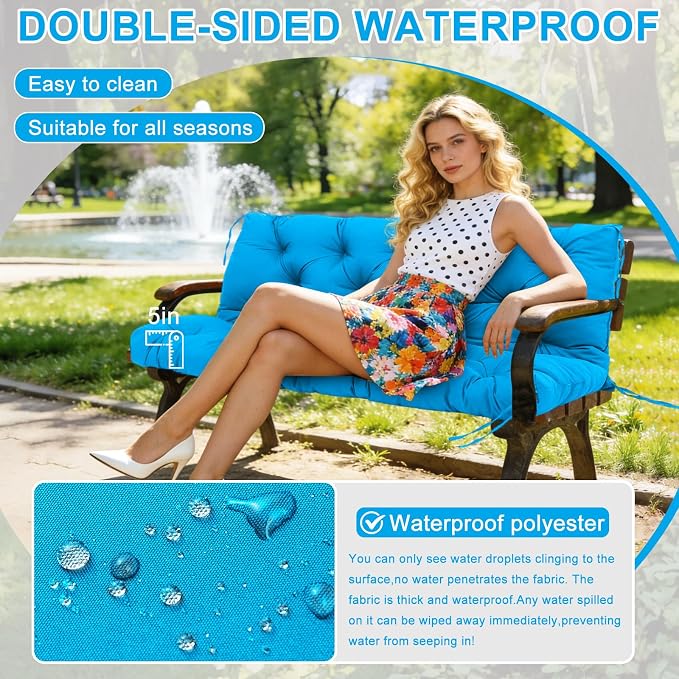 Porch Swing Cushions 48 inch Waterproof & Fade Resistant Thicken 5" Outdoor Swing Cushions 2 Seater Replacement with Backrest & Ties Patio Swing Cushions for Outdoor Furniture (Lake Blue)
