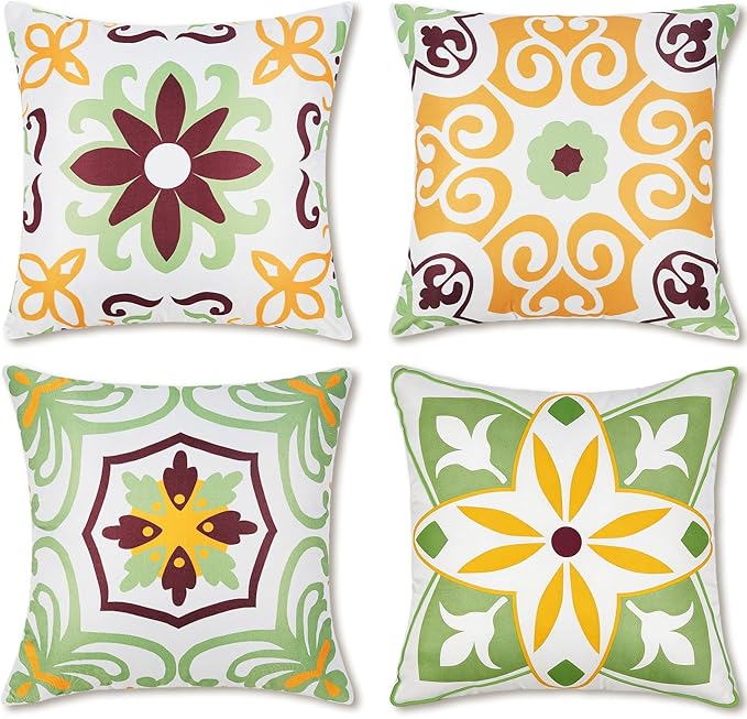 Pyonic Sage Green Outdoor Pillows Waterproof Throw Pillow Covers Set of 4 Floral Printed Spring Summer Outdoor Pillow Covers for Patio Funiture Garden 18x18 Inch