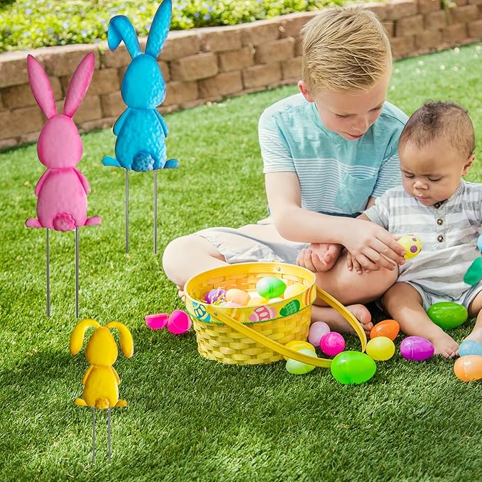 5 Pack Multicolored Easter Bunny Signs with Stakes, Metal Standing Rabbit Yard Signs for Garden Decor, Cute Bunny Tail Ornaments for Home Front Door Lawn Decorations