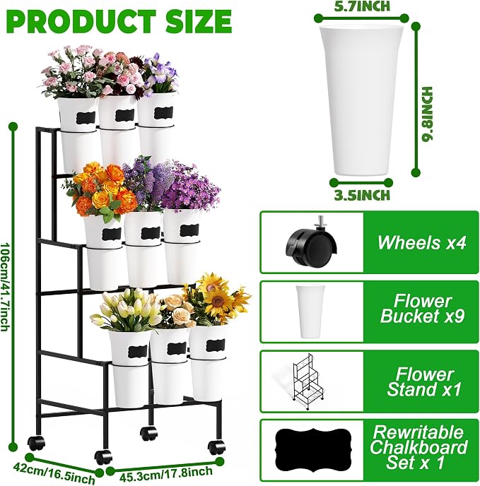 Flower Display Stand with 9 Buckets，3 Tier Metal Flower Cart Display Stand with Wheels, Flower Bar Stand for Garden Flower Shop Indoor Outdoor Wedding Party Decor
