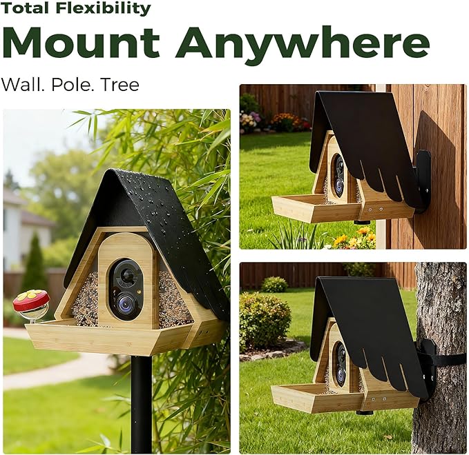 PerchMe® Smart Bird Feeder with Camera,2K HD Solar Powered,Bamboo Birdhouse Camera with Metal Roof,AI Recognition, Includes SD Card, Real-time Notification, Ideal Gift for Bird Lovers
