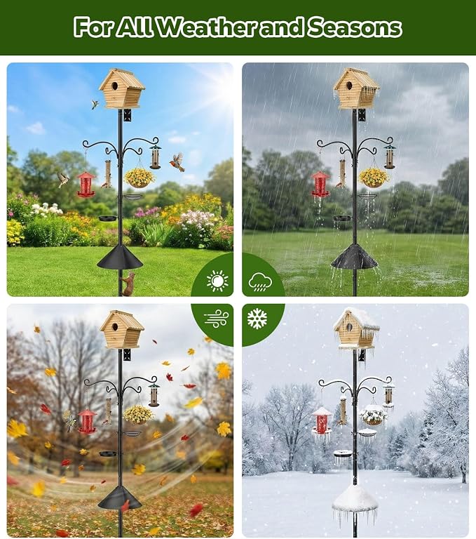 MoKo Bird Feeder Pole, 92 inch Bird Feeding Station Heavy Duty with Squirrel Baffle and 9 Prong Base, Includes Water Bowl and Mesh Tray for Feeding, for Gardens and Courtyards, No Bird House, Black