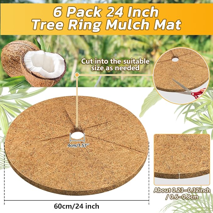 Legigo 6pcs Coconut Fiber Mulch Ring Tree Plant Protector Mat, 24 Inch Natural Coco Coir Tree Mulch Ring Plant Pot Soil Cover, Tree Rings Disc Plant Cover for Indoor Outdoor Plants,Landscaping