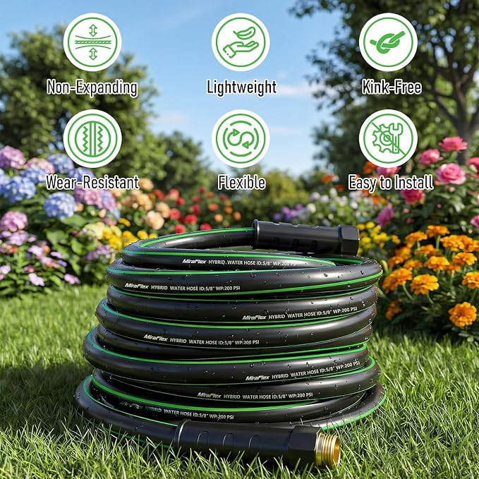 Non-Expandable Garden Hose 100ft,Lightweight Flexible Hose, Kink Resistant, Solid Brass 5/8" Fittings, 200PSI Working & 600PSI Burst, Ideal for Extra-Large Yard, Commercial Cleaning