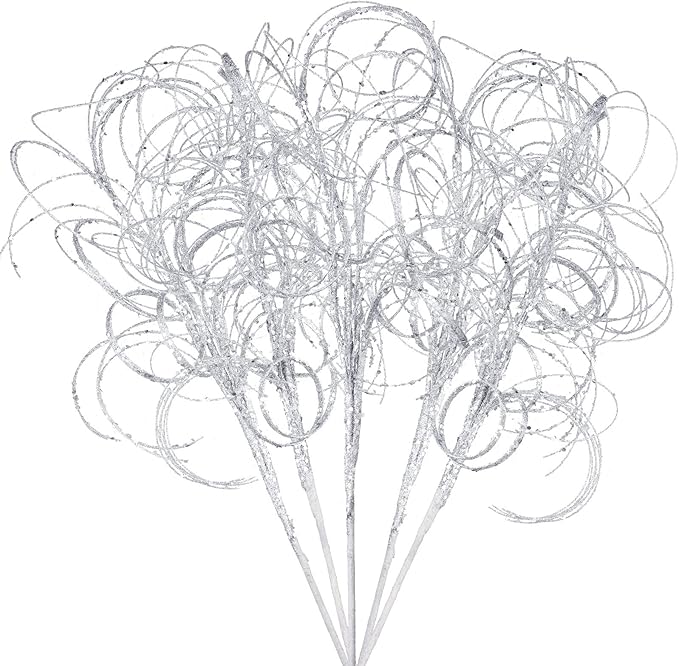 Yinder 18.5'' Glitter Curly Christmas Spray Wispy Christmas Picks Artificial Curly Twigs Branches for Vases Glitter Branches for Xmas Tree Vases Wreath Garland Banquet Decoration, 5 Pieces(Silver)