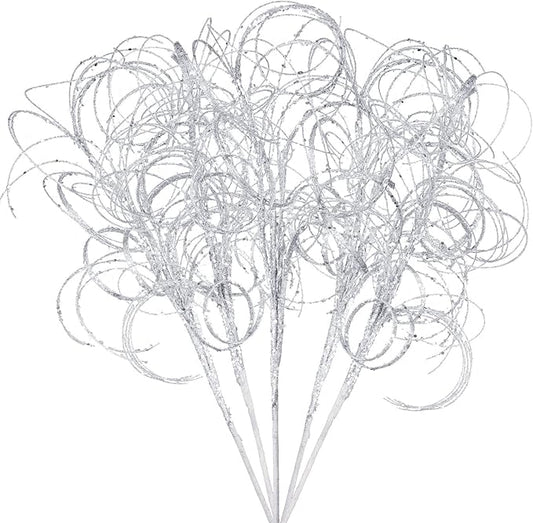Yinder 18.5'' Glitter Curly Christmas Spray Wispy Christmas Picks Artificial Curly Twigs Branches for Vases Glitter Branches for Xmas Tree Vases Wreath Garland Banquet Decoration, 5 Pieces(Silver)
