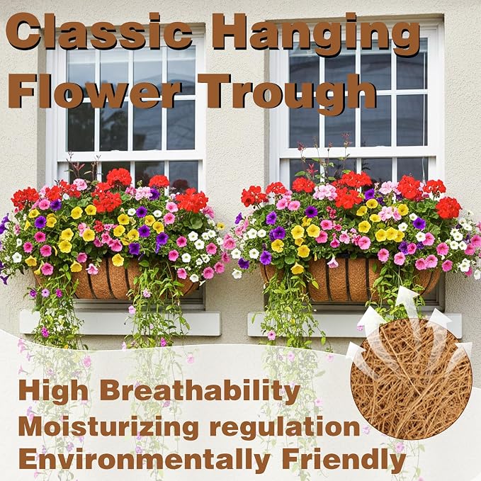 4 Pcs 16“ Railing Planter Window Box Deck Railing Planters Boxes with Coco Liner English Horse Trough Planters Metal Wall-Mounted Planter Basket for Outdoor Balcony Porch Fence Patio Rail