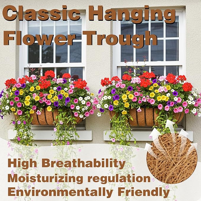 4 Pcs 36“ Railing Planter Window Box Deck Railing Planter Boxes with Coco Liner English Horse Trough Planters Metal Wall-Mounted Planters Basket for Outdoor Balcony Porch Fence Patio Rail