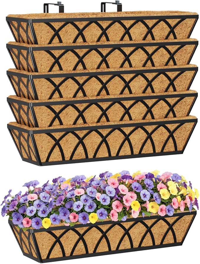 HFHOME 24 Inch Railing Planter Box with Coco Liners for Porch Fence Patio Balcony Hanging Flower Railing Deck Baskets with Adjustable Brackets for Outdoor Garden - 6 Packs