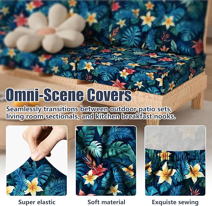 8Pcs Patio Stretch Cushion Covers, Outdoor Couch & Sofa Replacement Slipcovers for Patio Furniture Cushion Covers, Washable Reusable Furniture Protector, Square Large, Tropical Flower