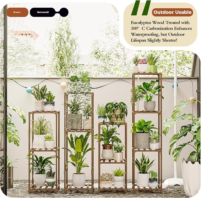 Bamworld Tall Plant Stands Indoor 4 Sets Plant Shelves Outdoor Wooden Plant Holder for Multiple Plants Flower Stands for Living Room Balcony Garden Patio Lawn Window