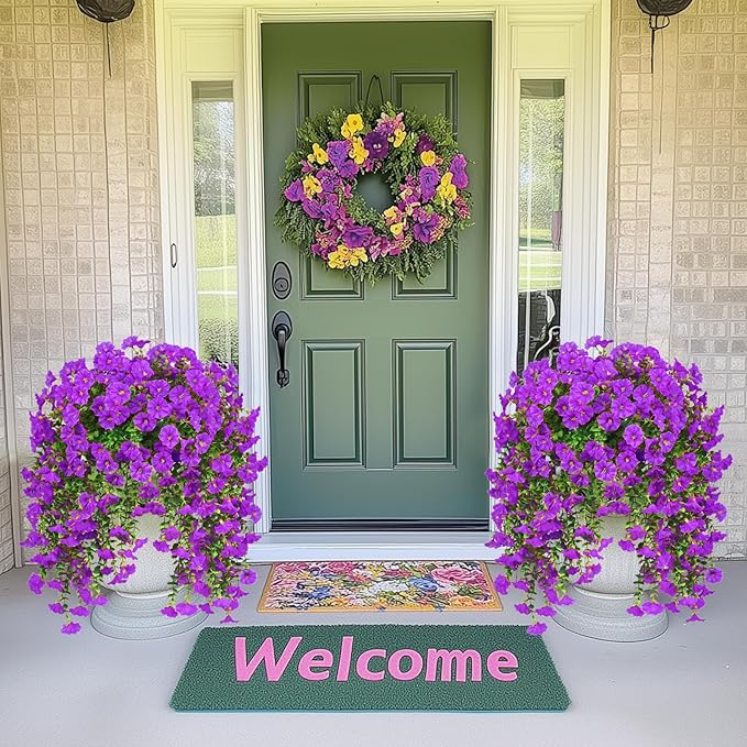 MARTINE MALL 8 Pcs Look Real Artificial Flowers for Outdoors, Realistic Artificial Hanging Flowers for Outdoors, UV Resistant Fake Hanging Plants Silk Petunia Faux Flowers for Porch Patio, Purple