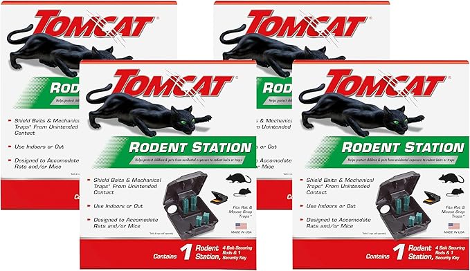 Tomcat Rodent Station, Includes 1 Rodent Station with 4 Bait Securing Rods and 1 Security Key - Fits Rat or Mouse Sized Traps (Baits & Traps Sold Separately) - Use Indoors or Outdoors (Pack of 4)