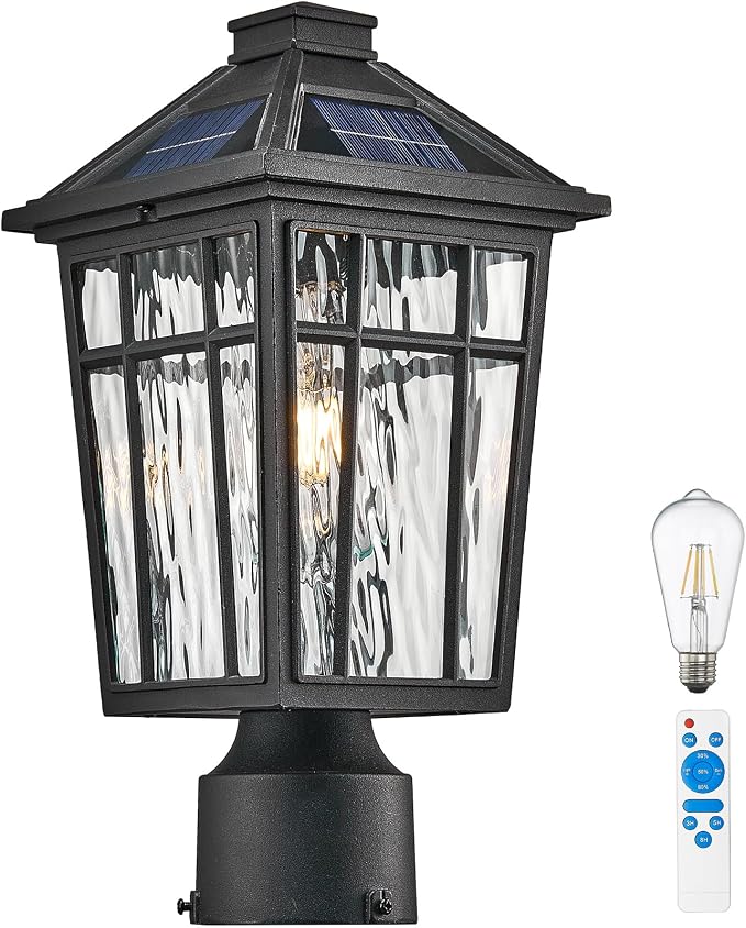 Solar Lamp Post Light Outdoor Waterproof Black Aluminum with Water Ripple Glass 13.6 Inch Height Solar Pole Lights for Garden, Patio, Pathway Include Remote Control and LED Bulb