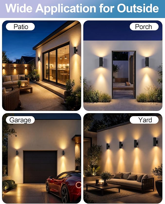 pearlstar 2 Pack Solar Wall Lights Outdoor Dusk to Dawn Solar Sconces Lights, Up & Down Warm White Glow IP65 Waterproof Wall Mount Lamp for Outside Garage Fence Patio Porch Yard