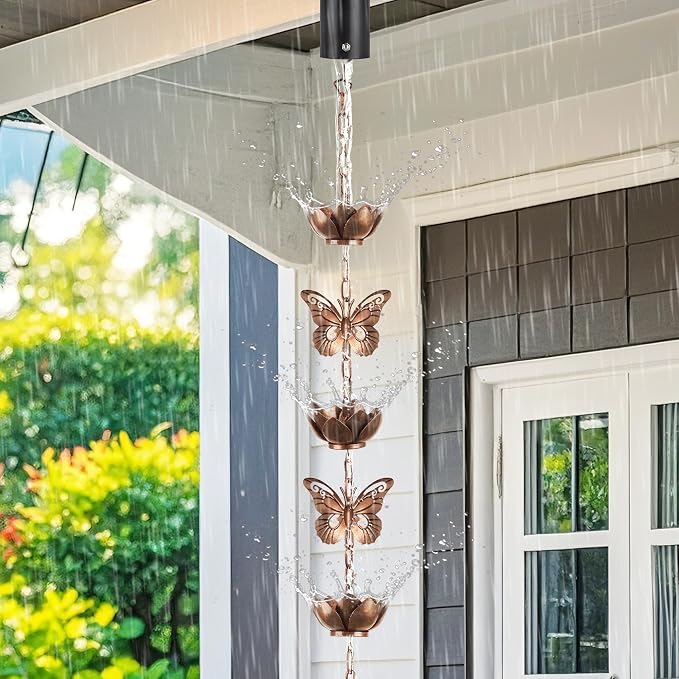 8.8ft Rain Chain for Gutters Downspouts Outside,Butterfly Rain Chain Cups with 12 Copper Chain Adjustable Lotus Rain Catcher Chain Functional and Decorative Replacement for Gutter Downspouts