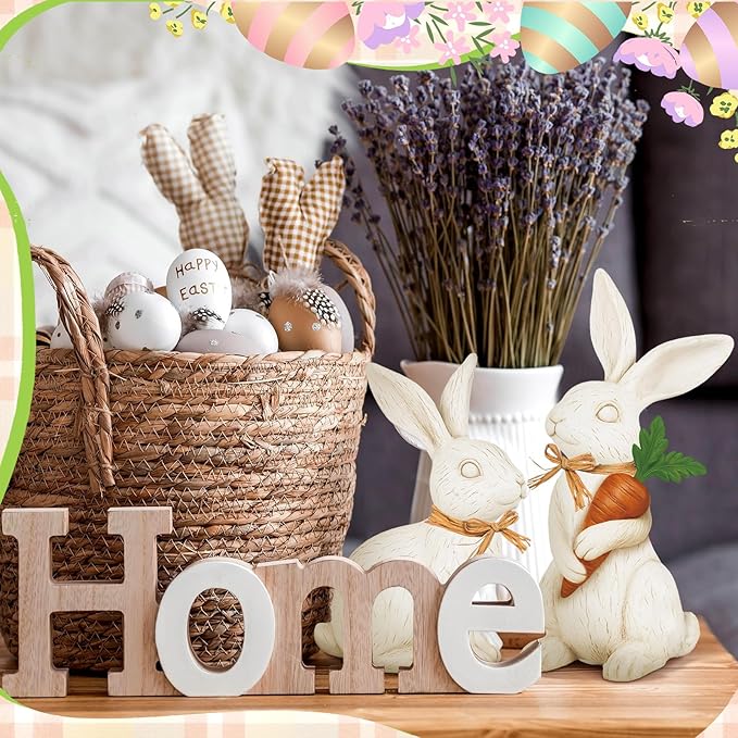 Simgoing 2 Pcs Easter Bunny Figurines Decorations Rabbit Resin Statues Easter Figure Statues Beige Rabbit Figurines Decorations for Holiday Vintage Farmhouse Home Table Centerpieces Ornament Gifts