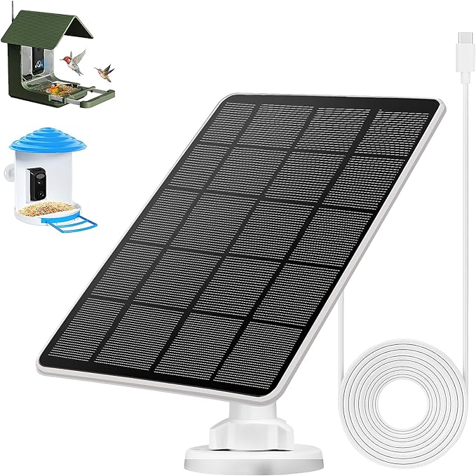 Solar Panel for Bird Feeder, Continuously 3W Power Supply for Your Bird Feeder Camera, Type-C Plug, White