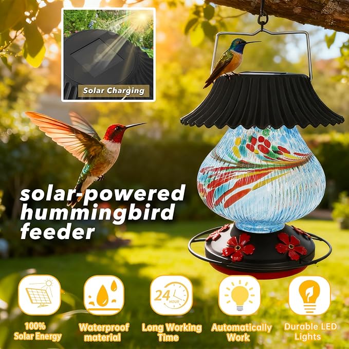 Solar Hummingbird Feeder-5 Feeding Ports with Perch, Hand Blown Glass Blue Tree Sea Color Changing-Never Leak, Multicolor Night Lights – Perfect Hummingbird Feeder for Outdoors for Nature Enthusiasts