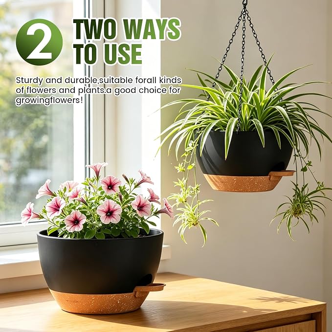 10 Inch Self Watering Hanging Planters, 3 Pack Plastic Plant Pots | Sturdy lightweight pot with side watering lip, drainage holes, snap-on detachable tray & hanging chain for easy care