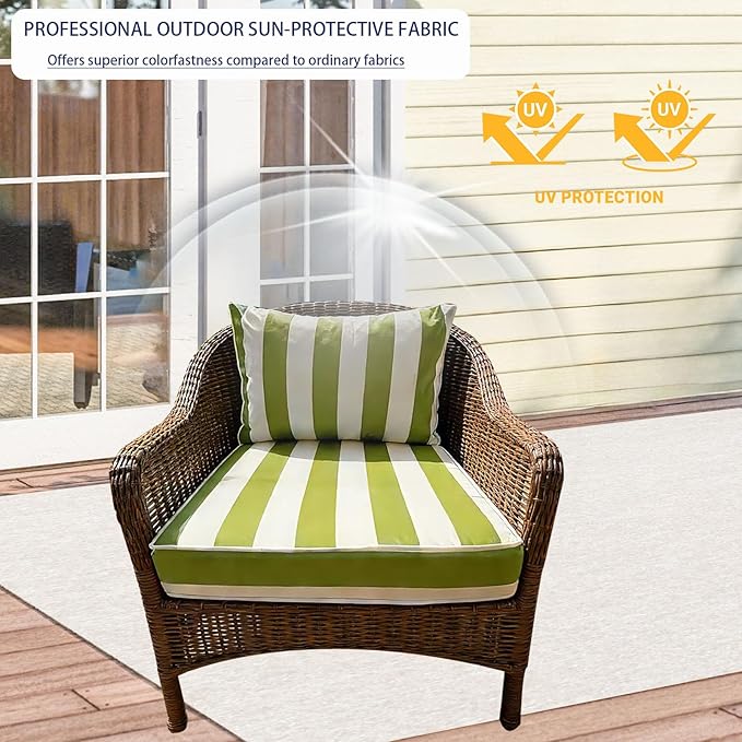 Outdoor Cushion Covers for Patio Furniture, Patio Cushion Covers Replacement with Zipper, Waterproof & Fade Resistant,Only Cover (Green and White Stripes, 25.6Lx25.6Wx4H - Only Covers)
